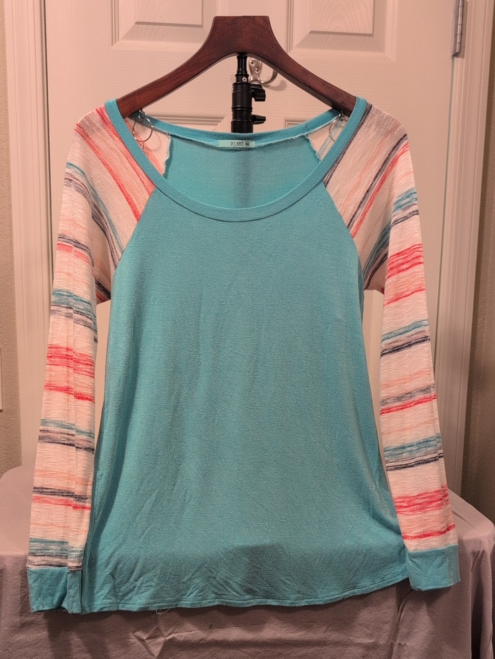 Light Teal Raglan Long-Sleeve Tee with Striped Sleeves